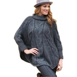 CERRETELLI Wool Poncho W’s O/S Grey Cable Knit Batwing Sweater Turtleneck Braid